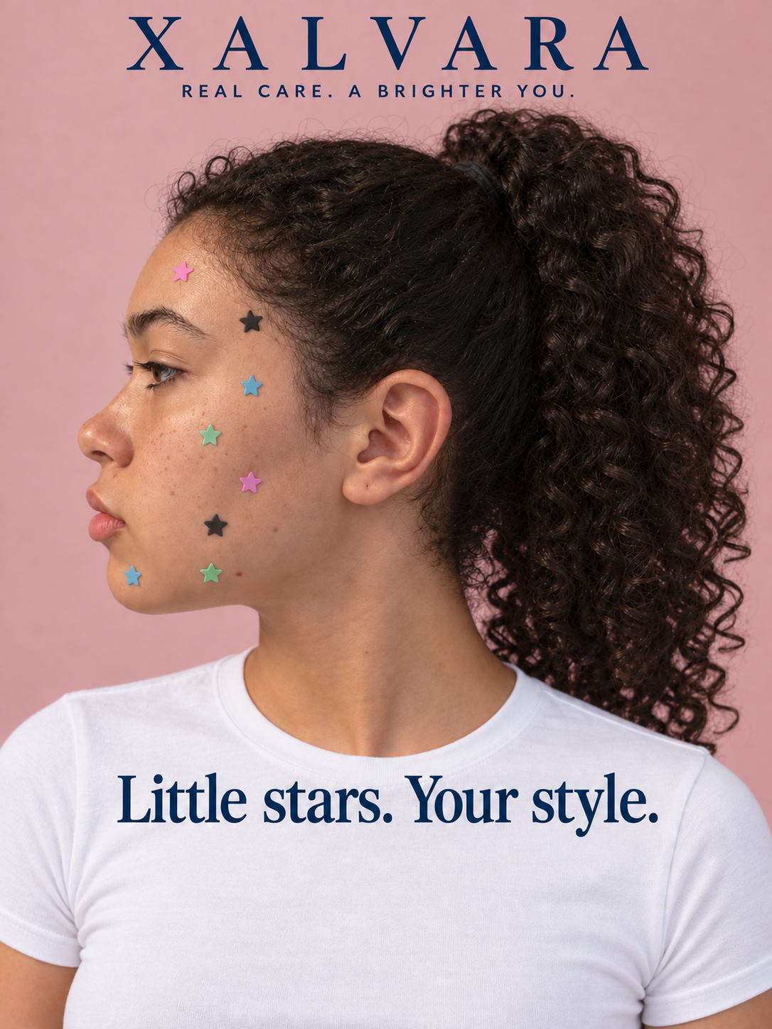 XALVARA — Real care. A brighter you. Side-profile portrait wearing pink, blue, mint and black star patches. Little stars. Your style.